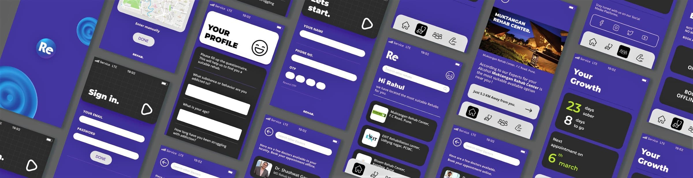 Rehab app screens: sign-in, questionnaire, matched rehab centres, consultations and growth tracking