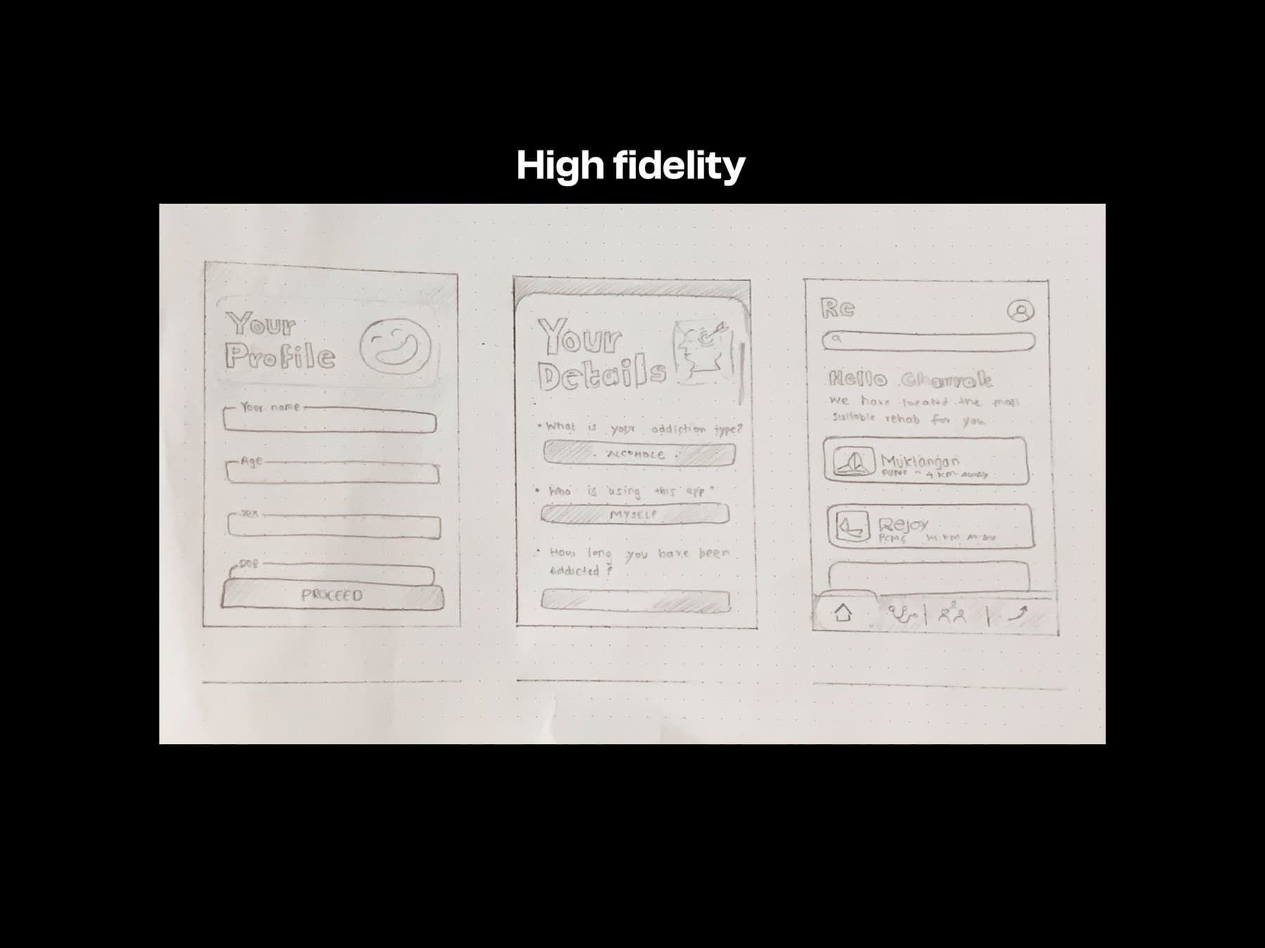 Refined sketches of profile, questionnaire and home screens