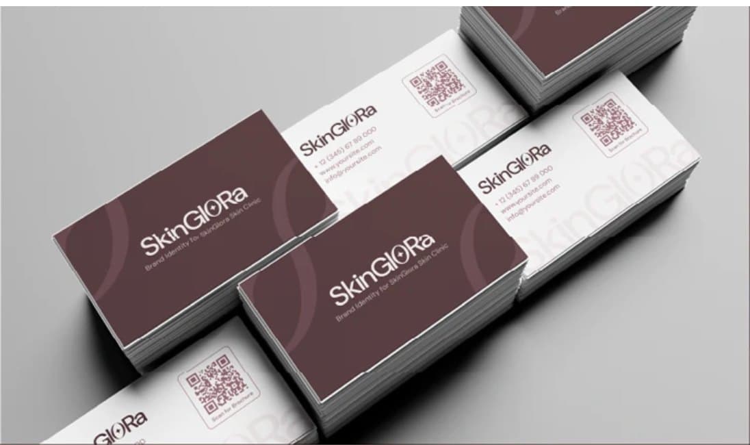 SkinGlora business cards in maroon and blush