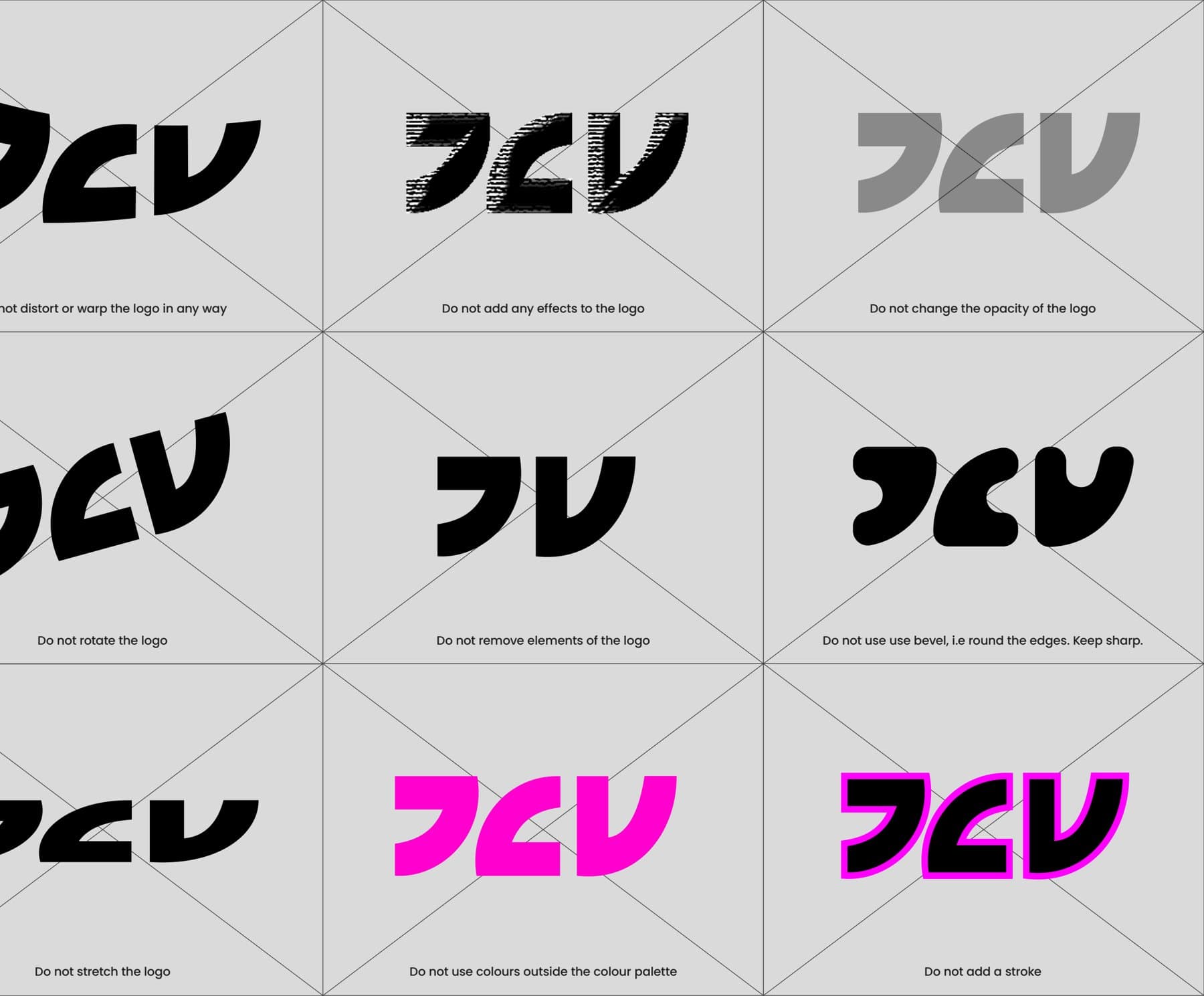 Logo misuse: don't distort, rotate, stretch, add effects or recolour